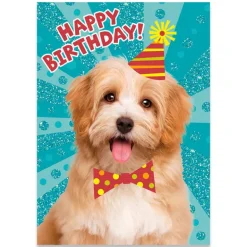Glitter Dog with Party Hat Birthday Card